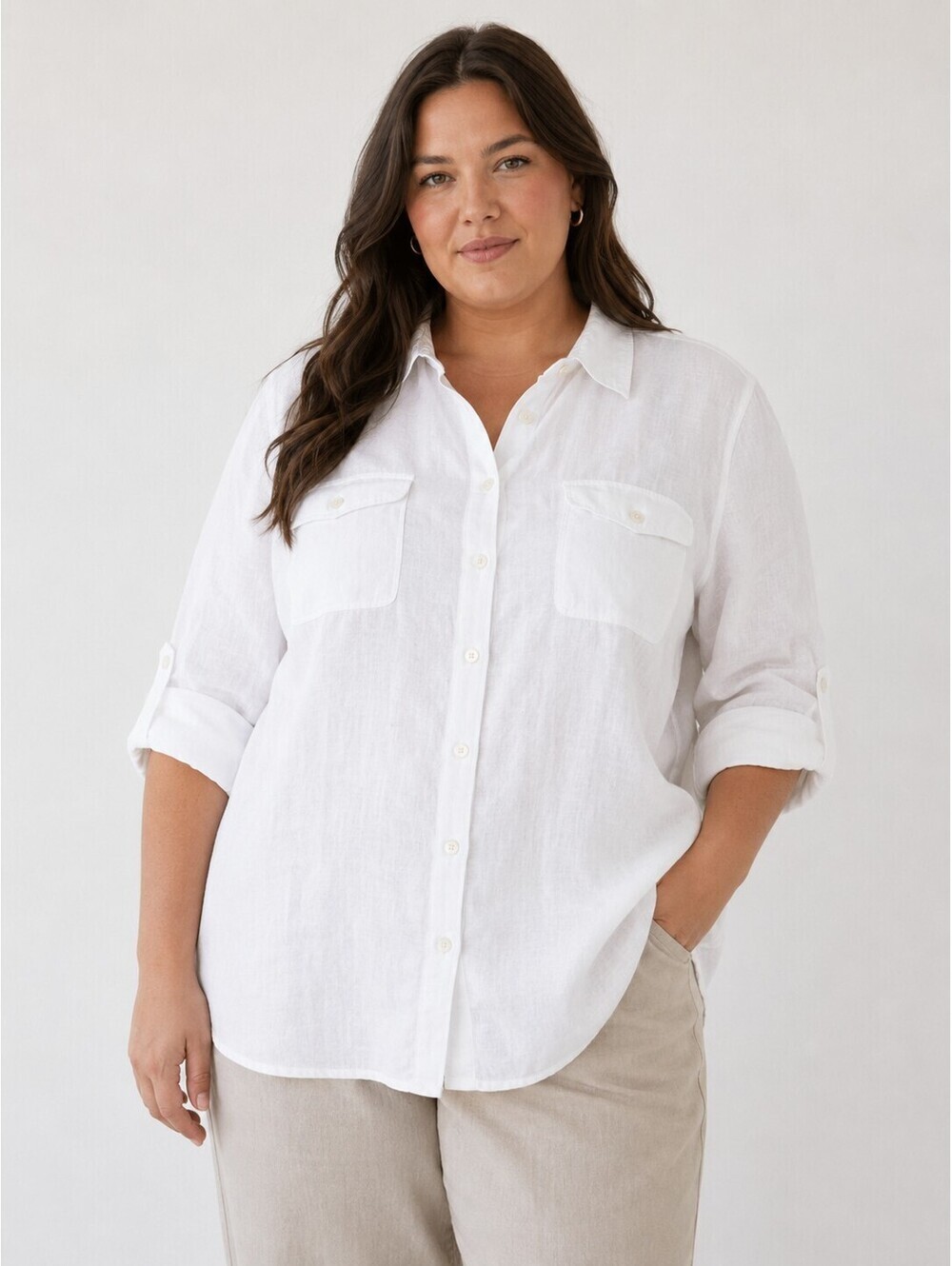 Talbots Woman Petites Pure Irish Linen White Button Front Shirt Roll Tab Sleeves